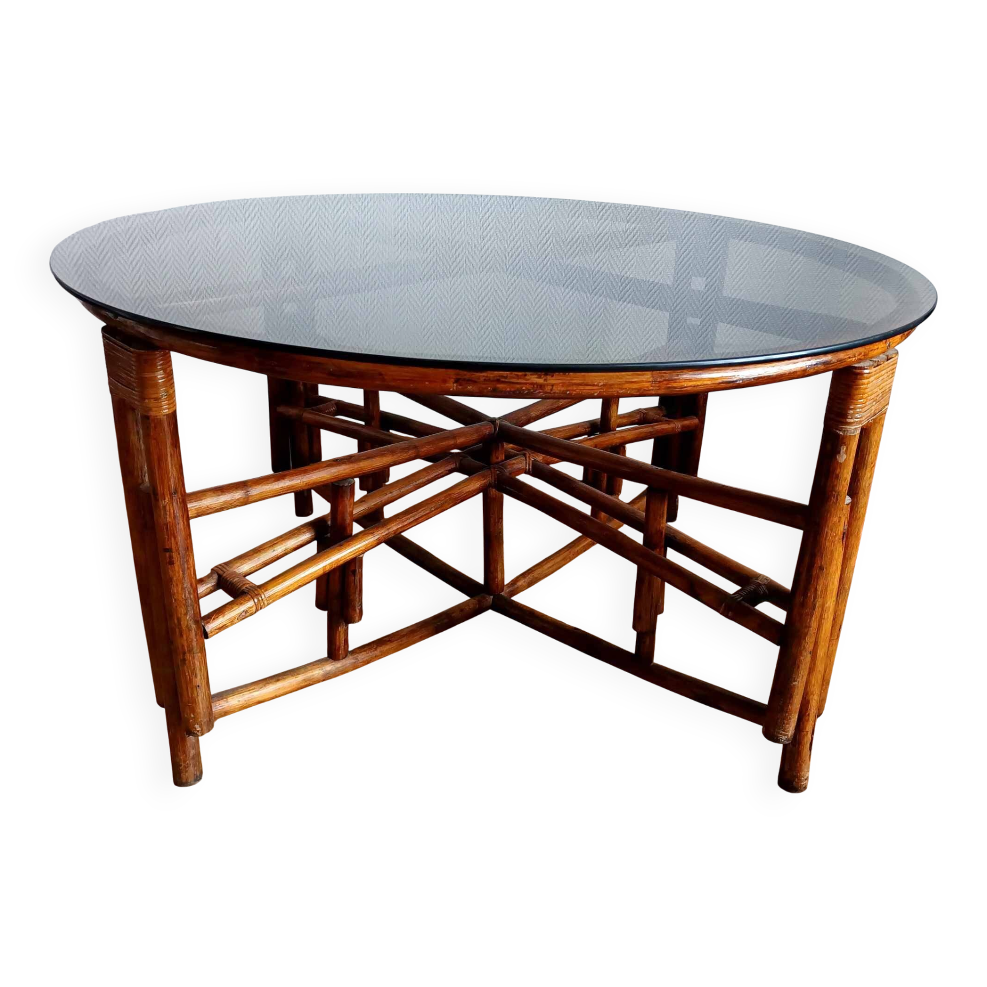 Vintage rattan and smoked glass coffee table from the 1970s