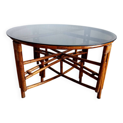 Table basse rotin et verre fumé vintage 1970