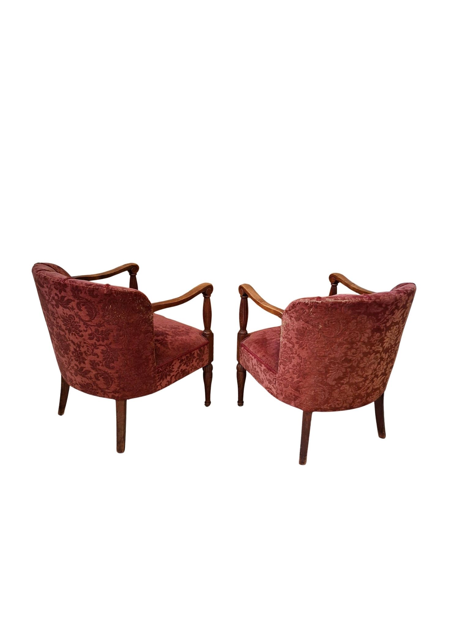 Elegante Coppia di Poltrone Vintage Anni '60 in Rovere e Velluto Damascato