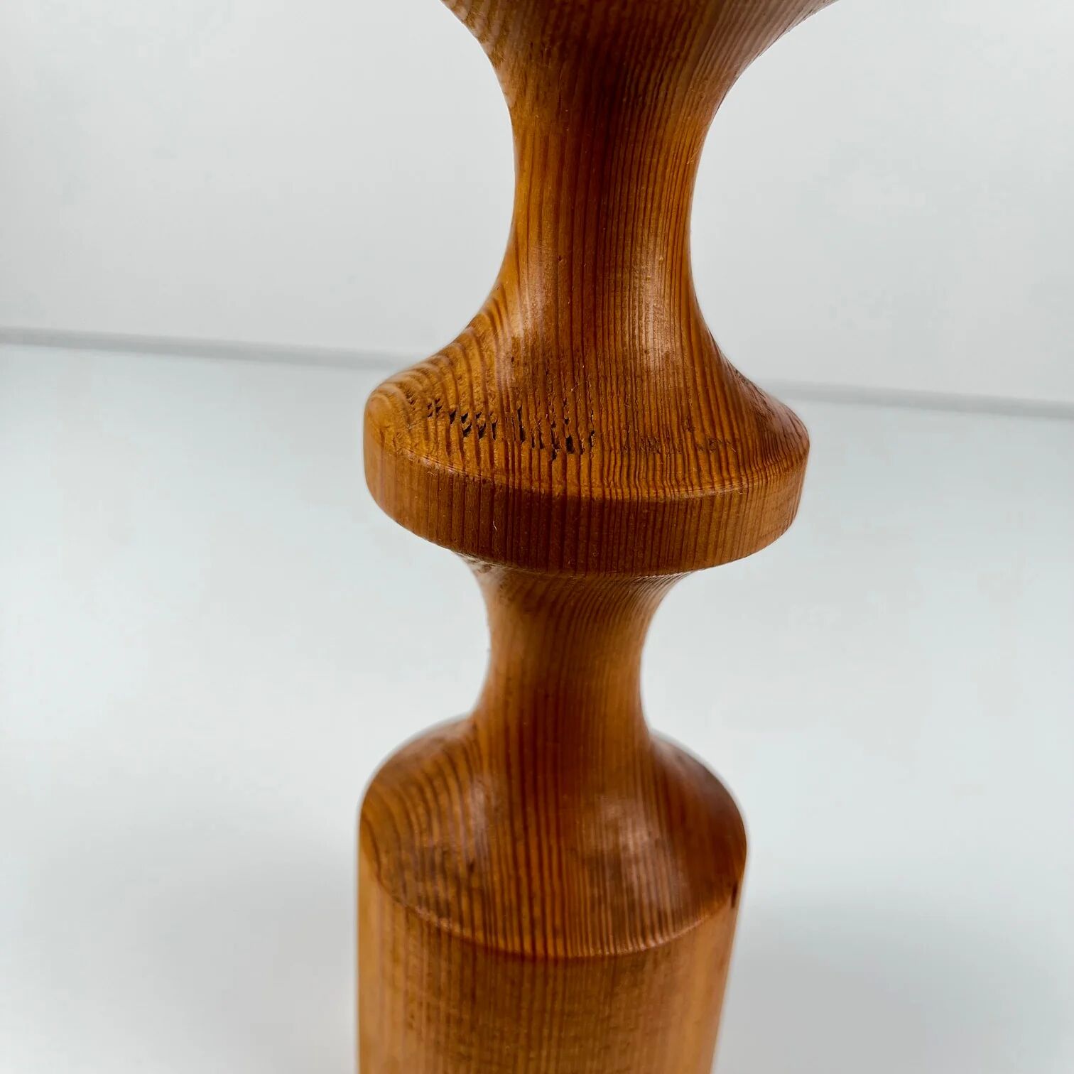 Turned wooden candlestick, pine, Midcentury Modern, 1970