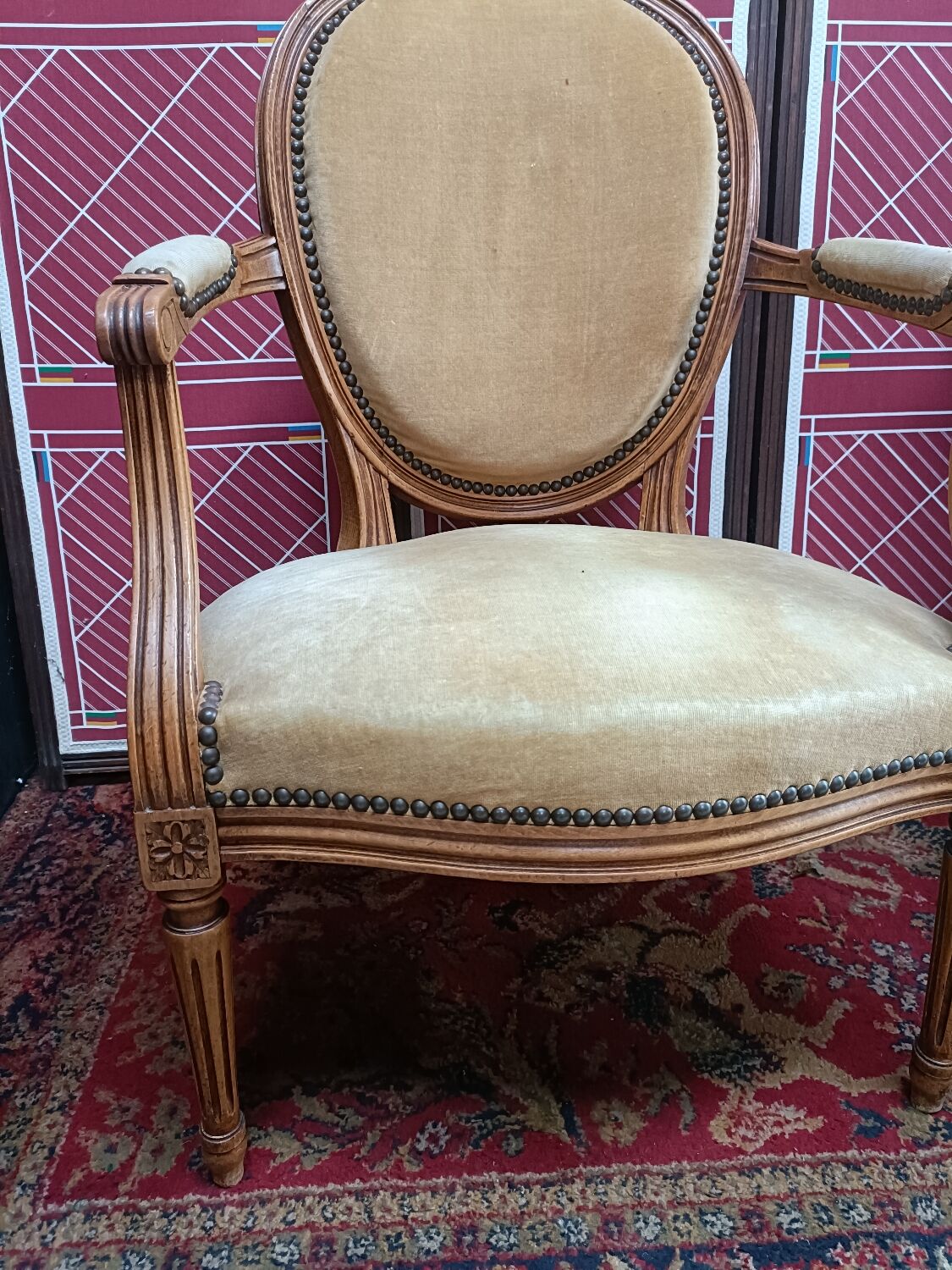 Pair of armchairs medallion Louis XV style, yellow velvet