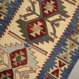 Turkish Antique Kilim Runner Blue Geometric Tribal Hallway Rug 90 x 142 cm