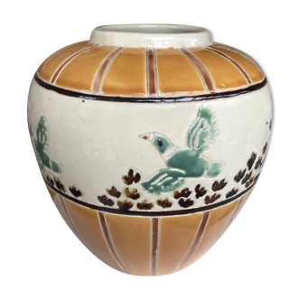 Old orange/white ceramic vase bird motif