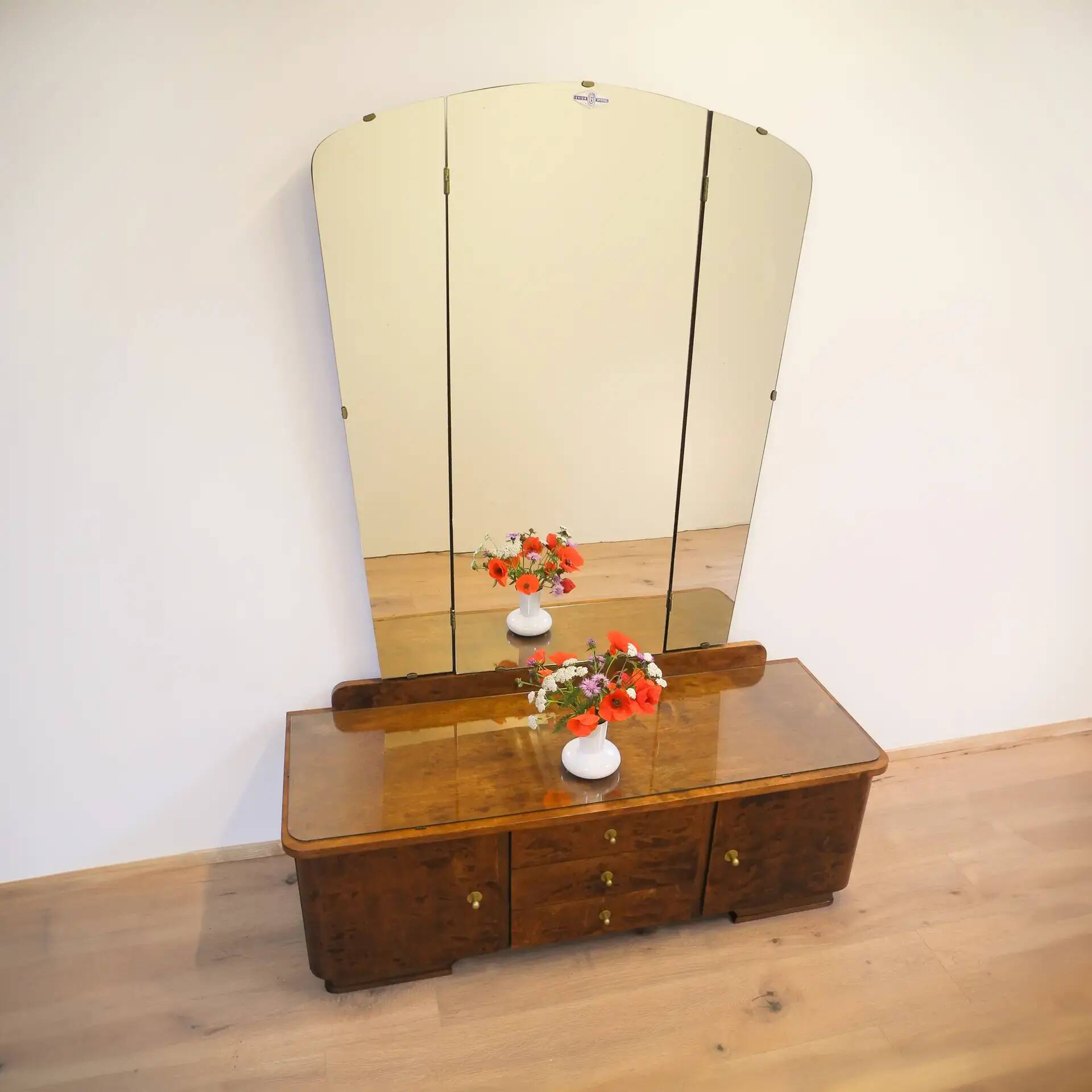 Mirror chest of drawers with swivelling mirrors, flamed birch stained, 50s