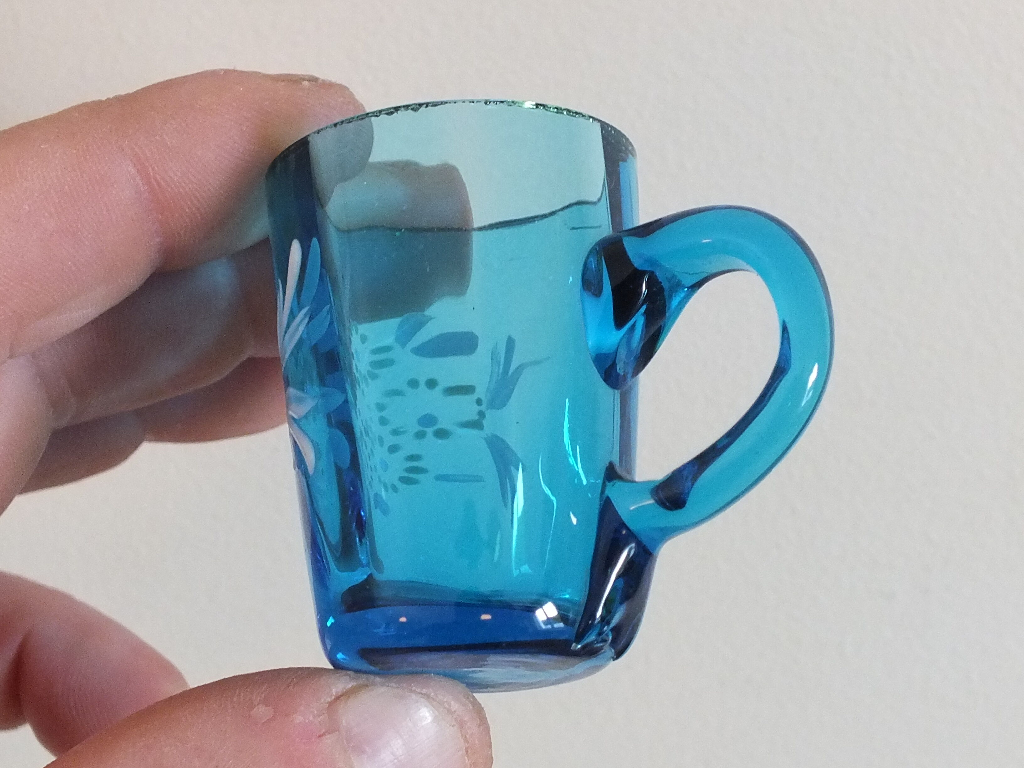 6 antique liquor cups in blue enamelled glass