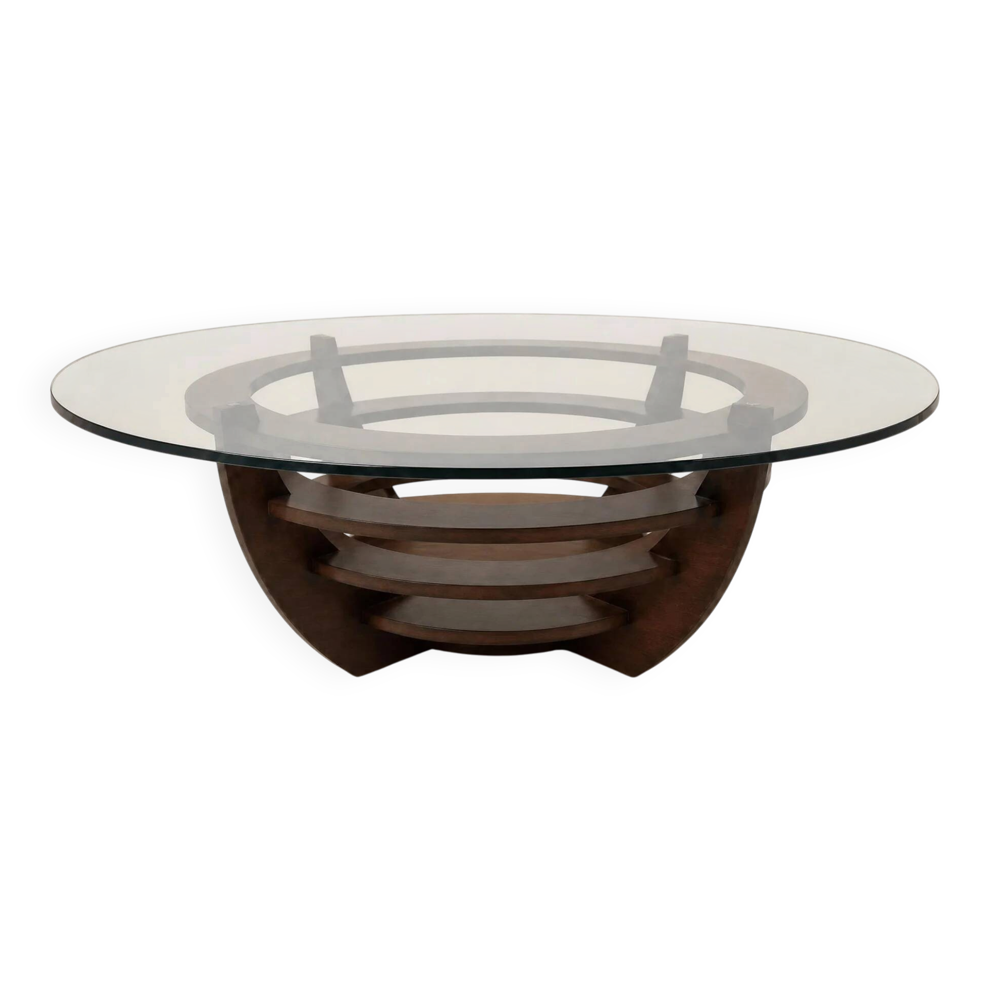 Sculptural coffee table with concentric rings, glass and wood, circa 1985.