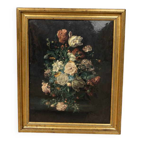 Tableau vintage nature morte sur plaque métal – cadre doré helca, fabricati