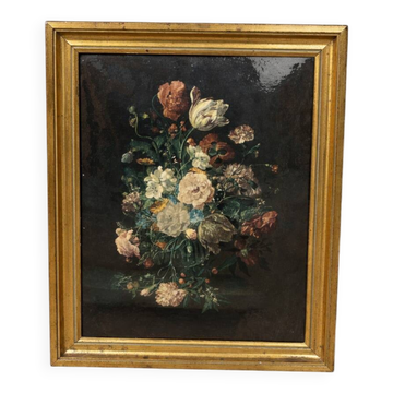 Vintage still life tableau on metal plate – golden frame helca, manufactured