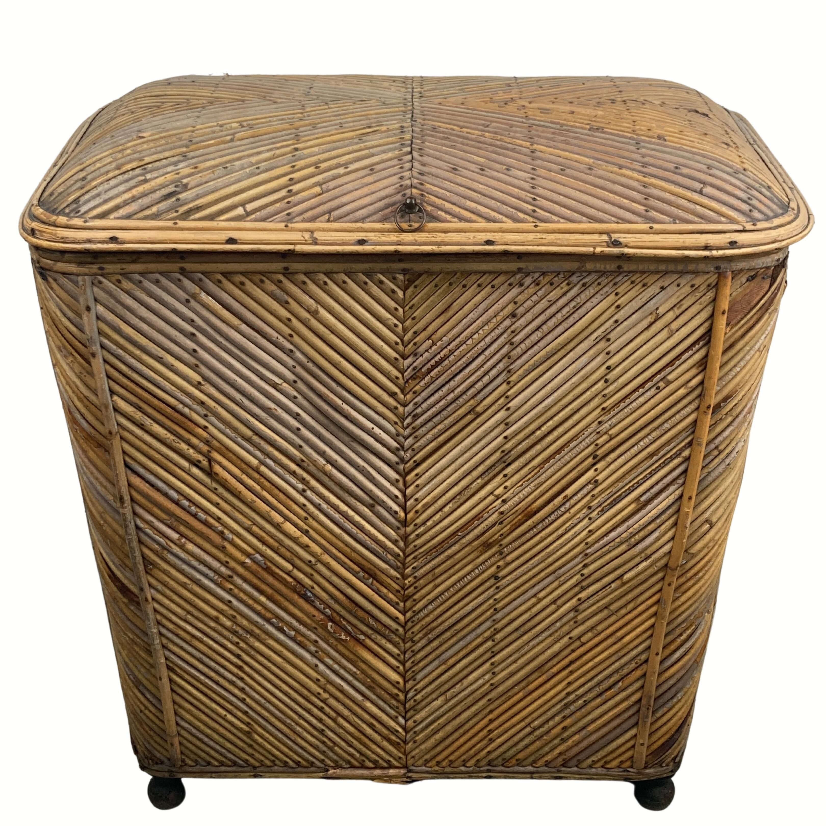 Vintage pencil split reed rattan bamboo wicker chest, 1930s-1950s