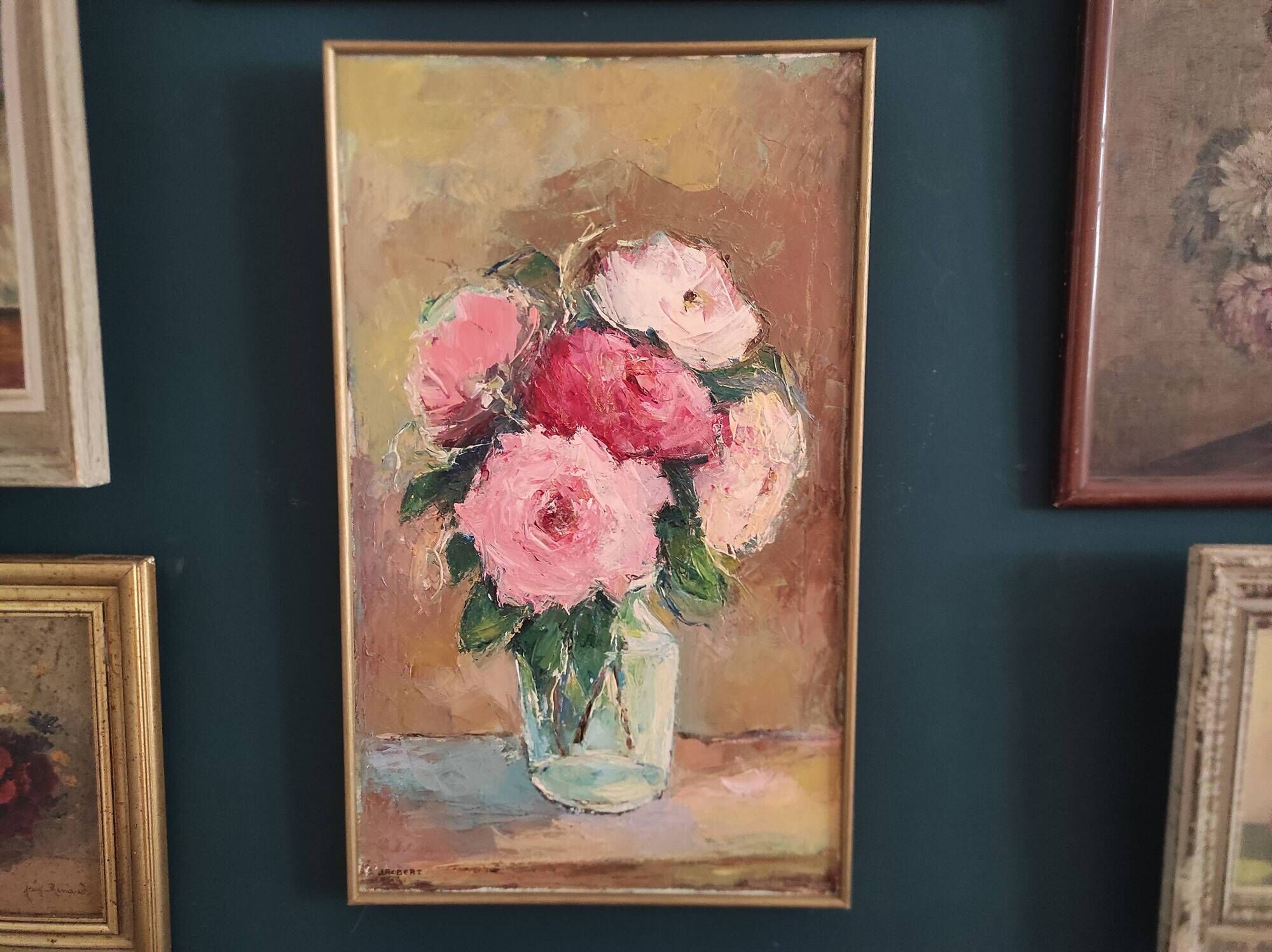 Vintage oil painting of flowers signed Jaobert