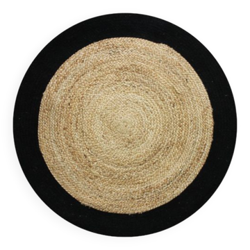 Tapis jute et coton rond noir beige 160 cm