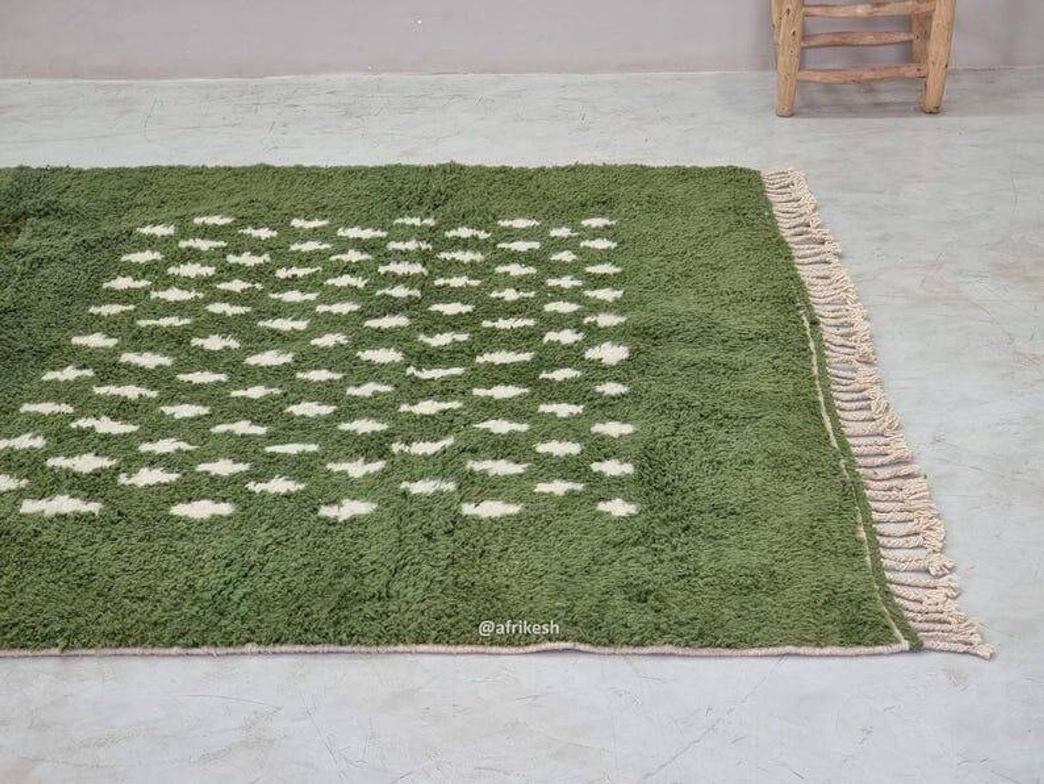 Traditional handwoven green Moroccan wool rug