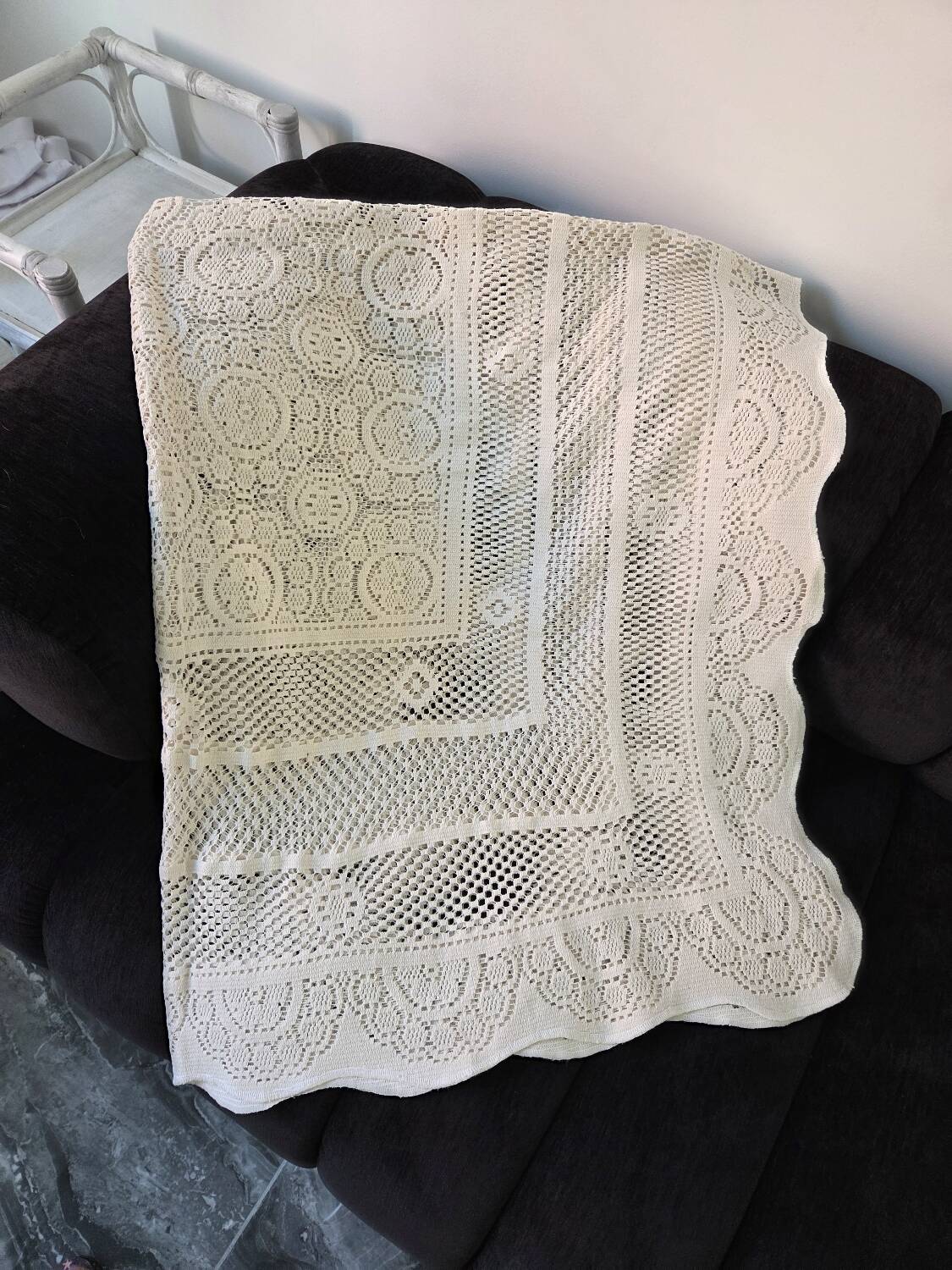 Vintage crochet bedspread in off-white