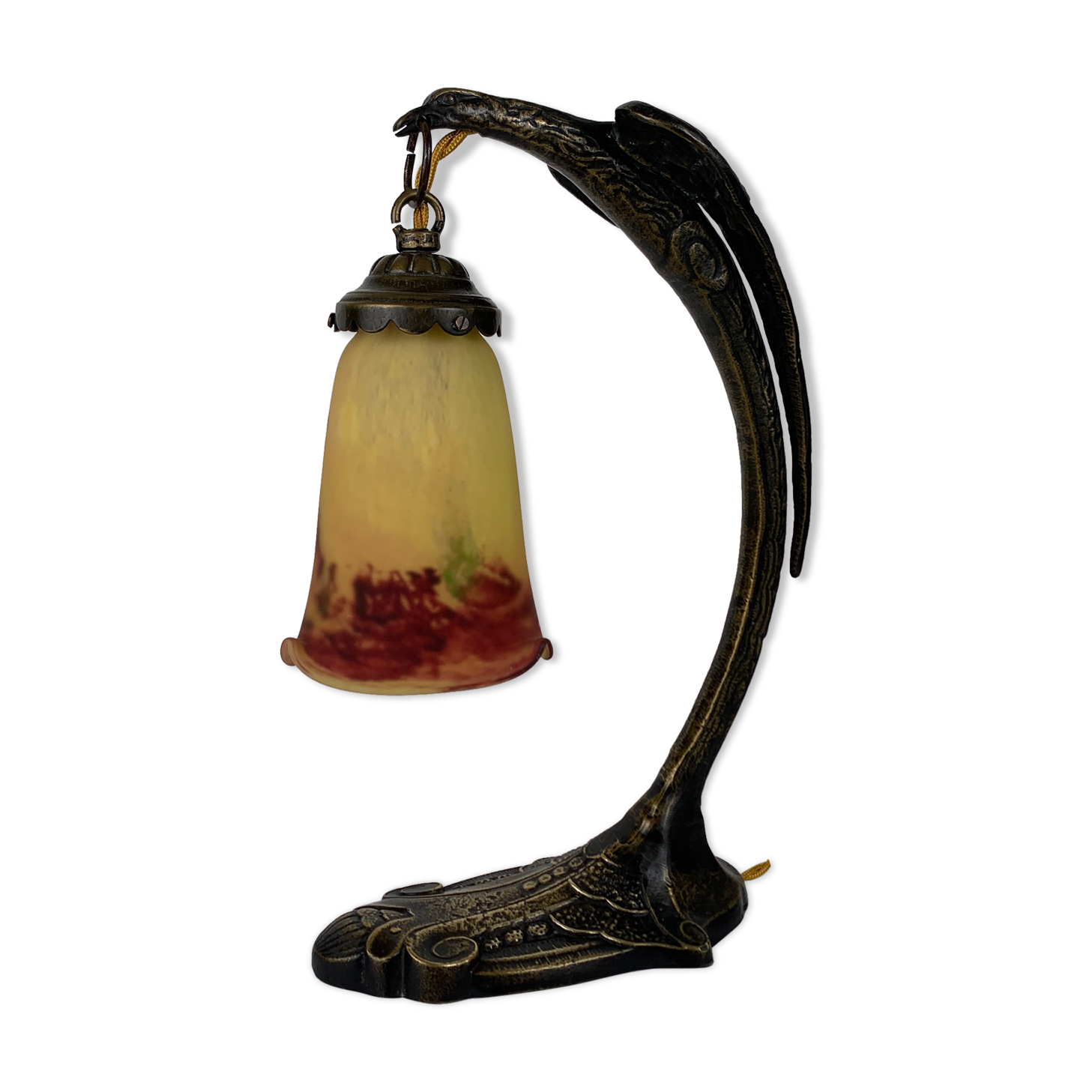 Bronze eagle lamp patinated and Art Nouveau style glass pate