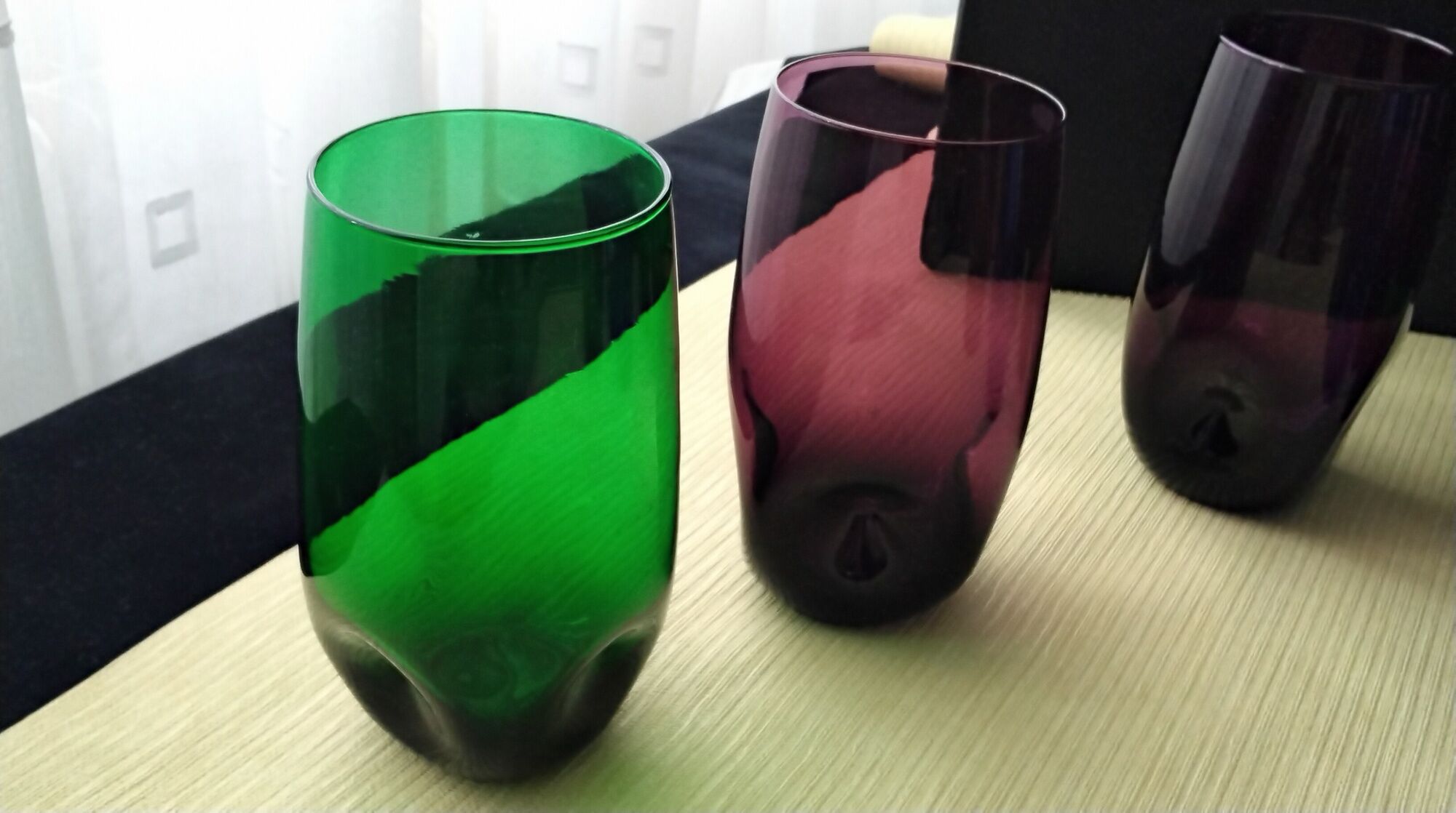 Set of 8 glasses cups high shape blown glass in different colors vintage