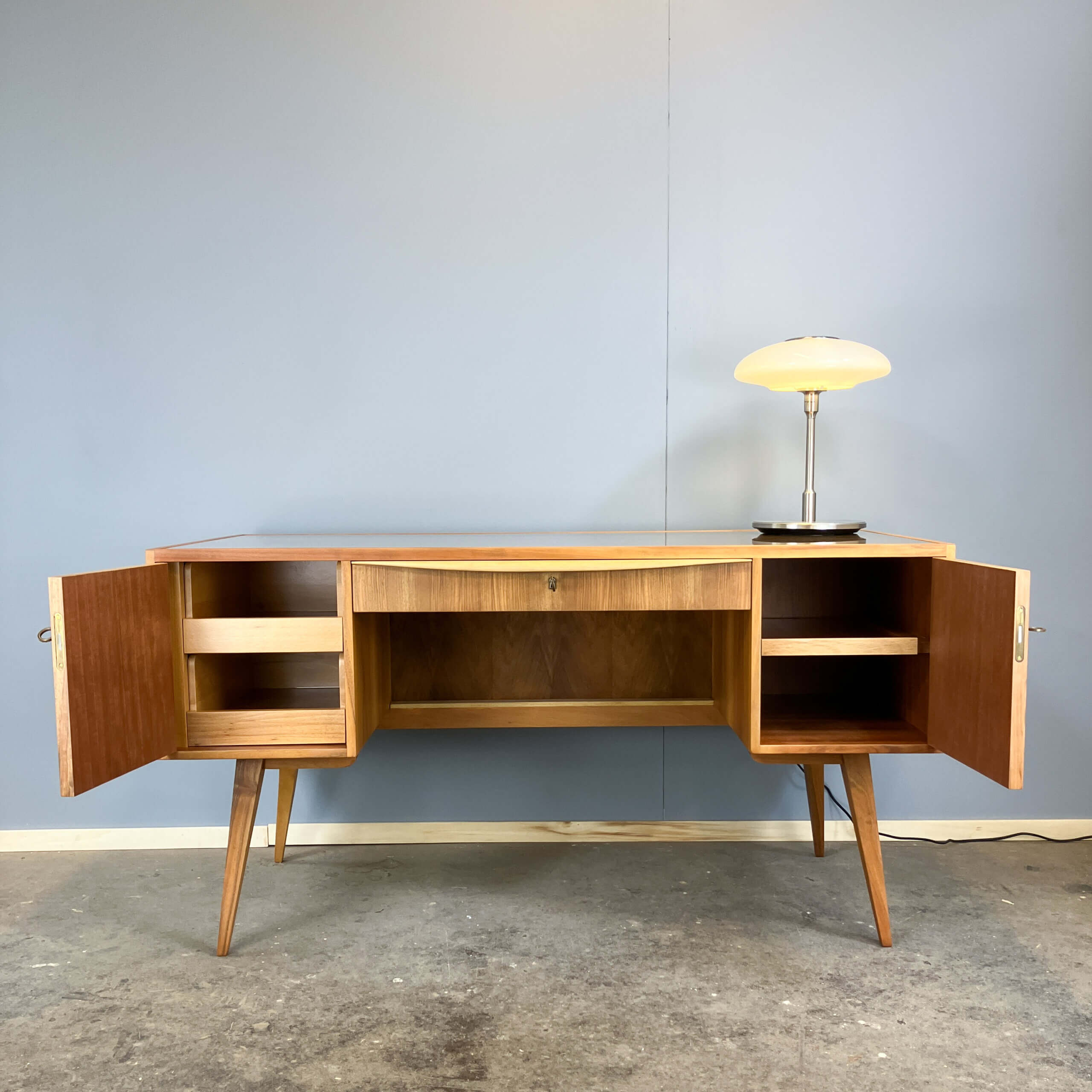 Desk with glass top, walnut, 1950s