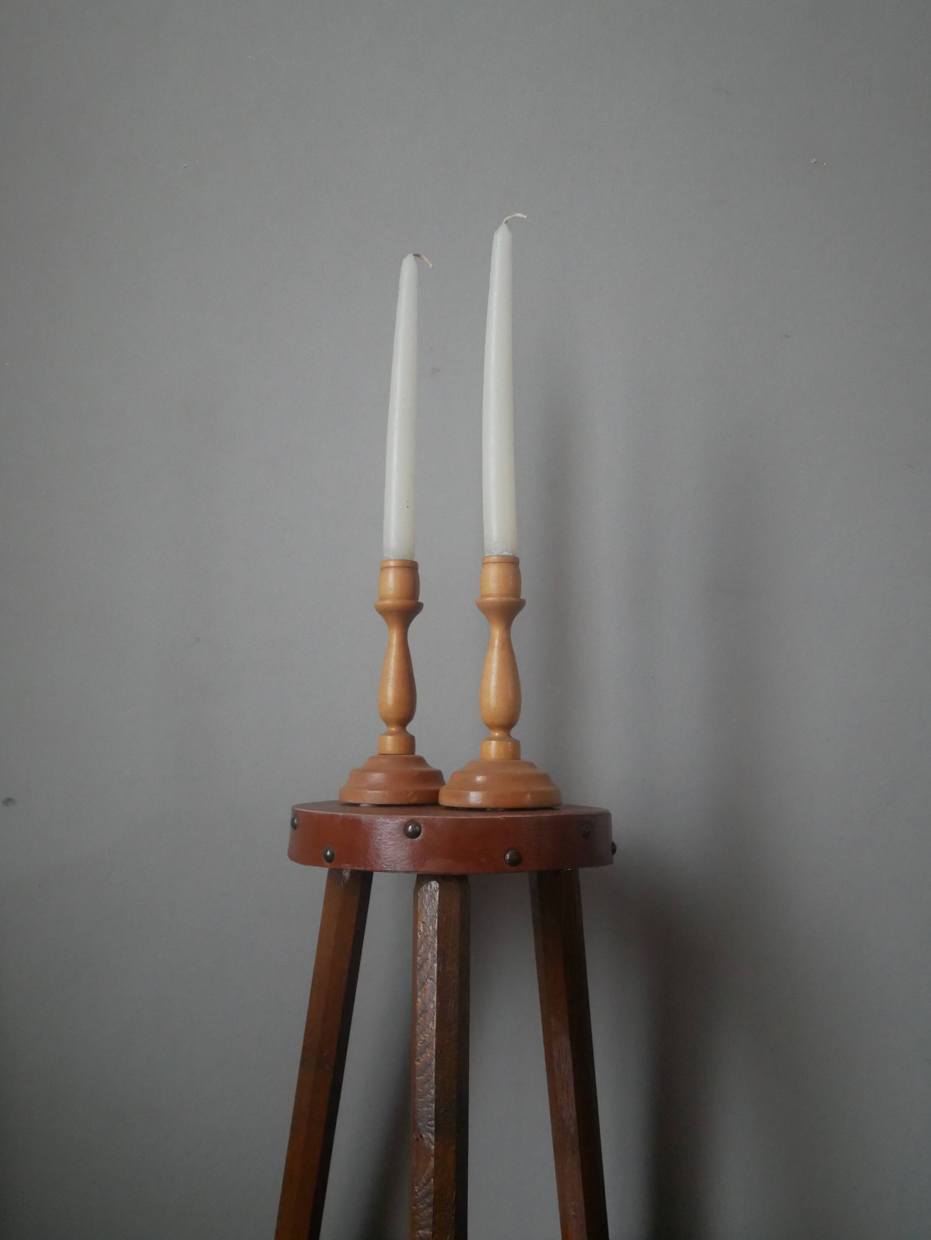 Pair of turned wooden candlesticks, handcrafted, Scandinavian country decoration