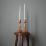Pair of turned wooden candlesticks, handcrafted, Scandinavian country decoration