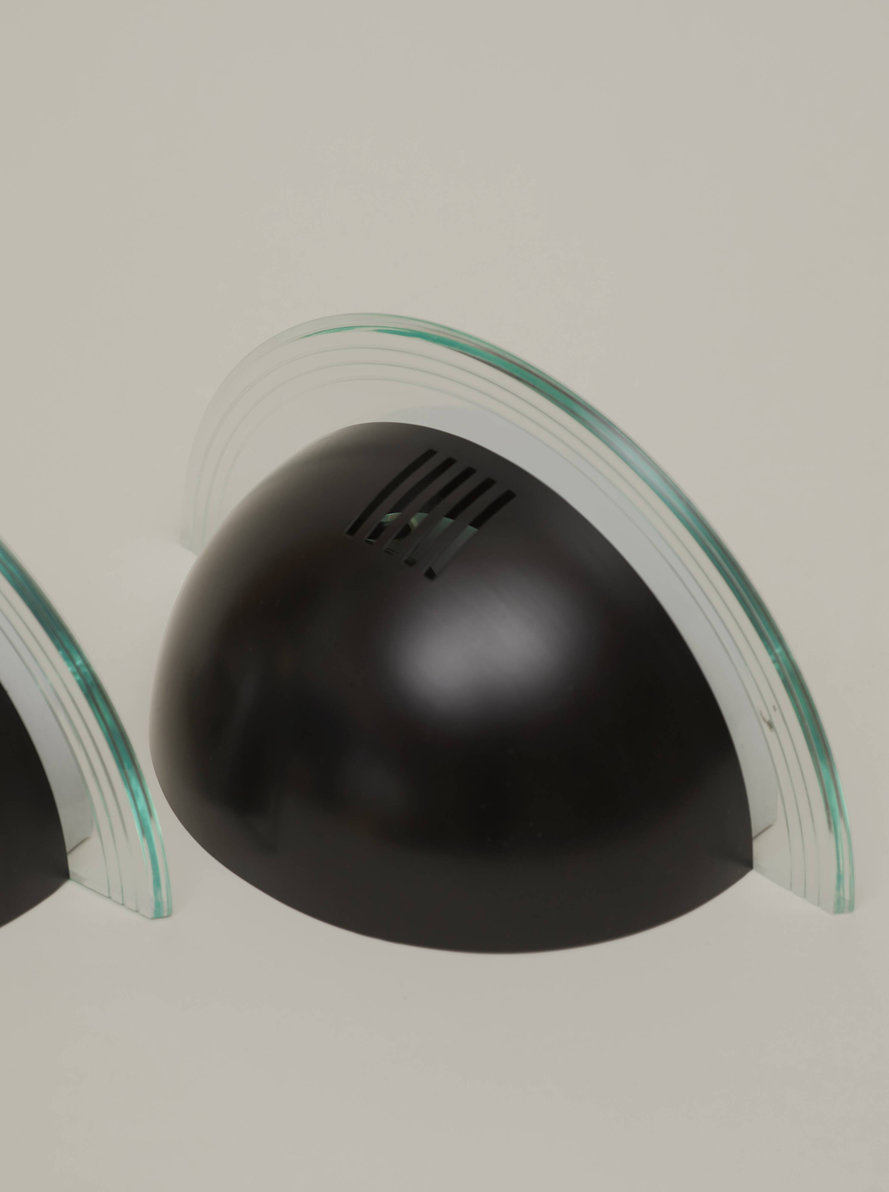 Pair of half-moon metal and lucite wall lights Postmodern Memphis vintage Circa 1980