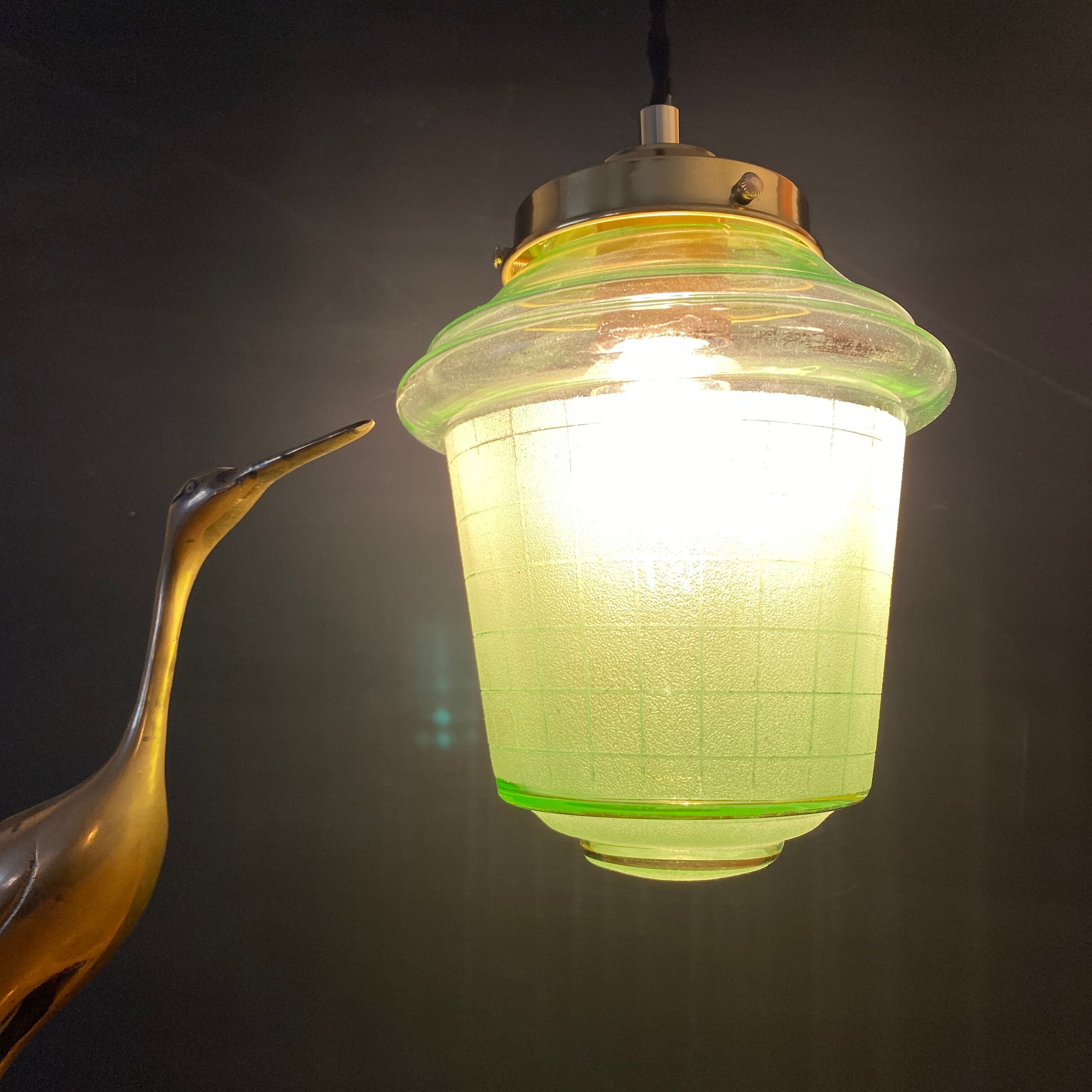 Vintage art deco globe pendant lamp in green granite green and gold