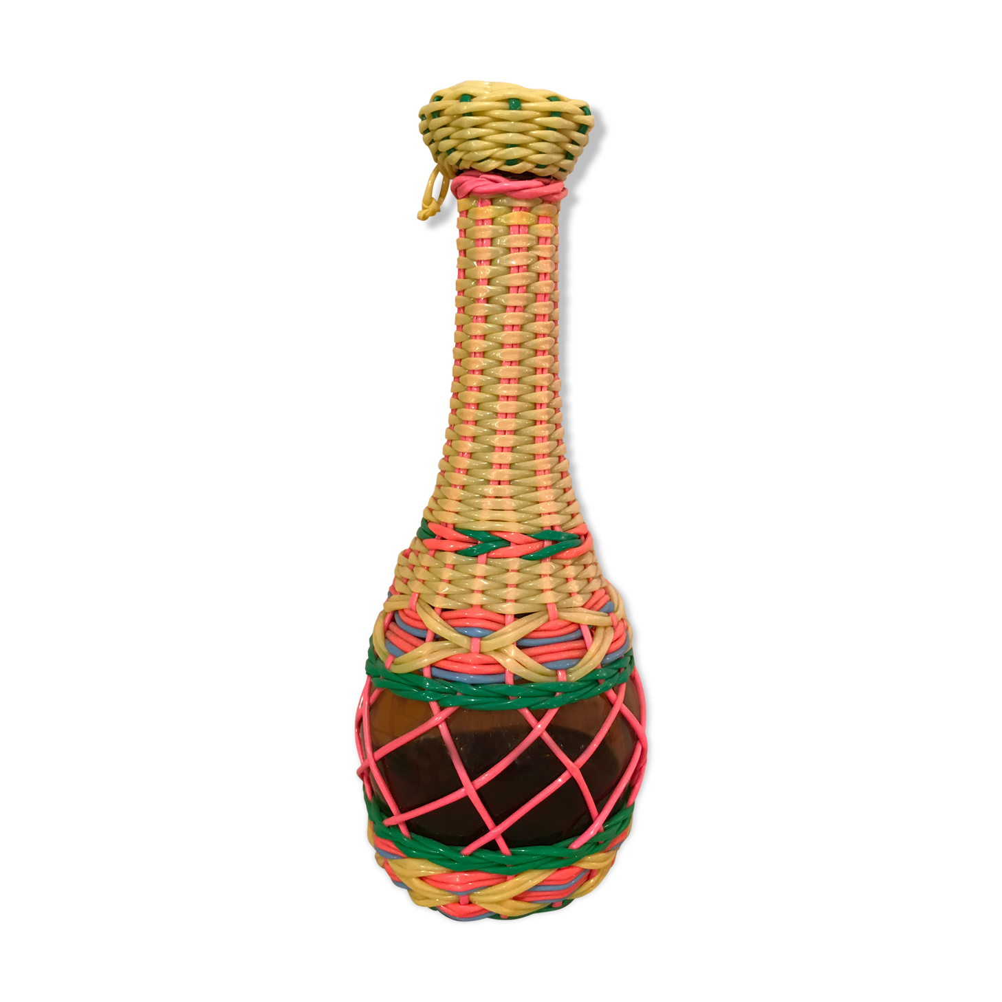60s scoubidou bottle pink yellow green blue and smoky glass 27 cm