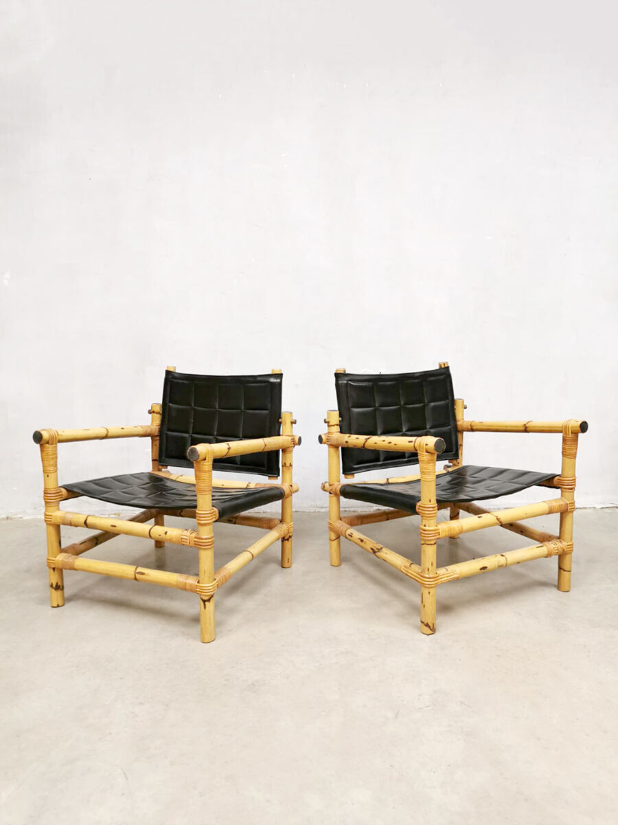 Set of 3 Midcentury Swedish design bamboo safari armchairs and ottoman