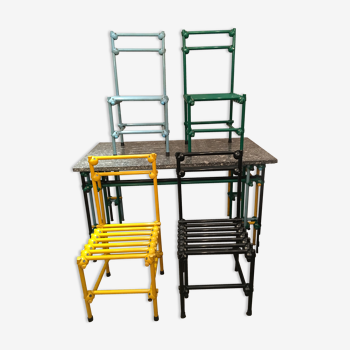 Colorful metal table and 6 chairs