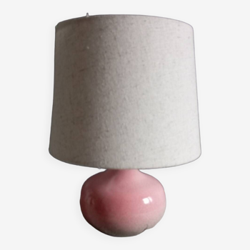 Signed speckled pink ceramic bedside lamp, linen lampshade