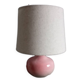 Signed speckled pink ceramic bedside lamp, linen lampshade