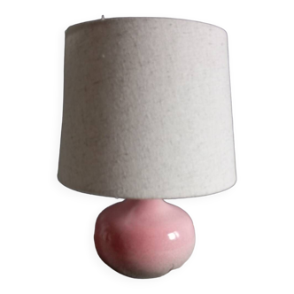 Signed speckled pink ceramic bedside lamp, linen lampshade