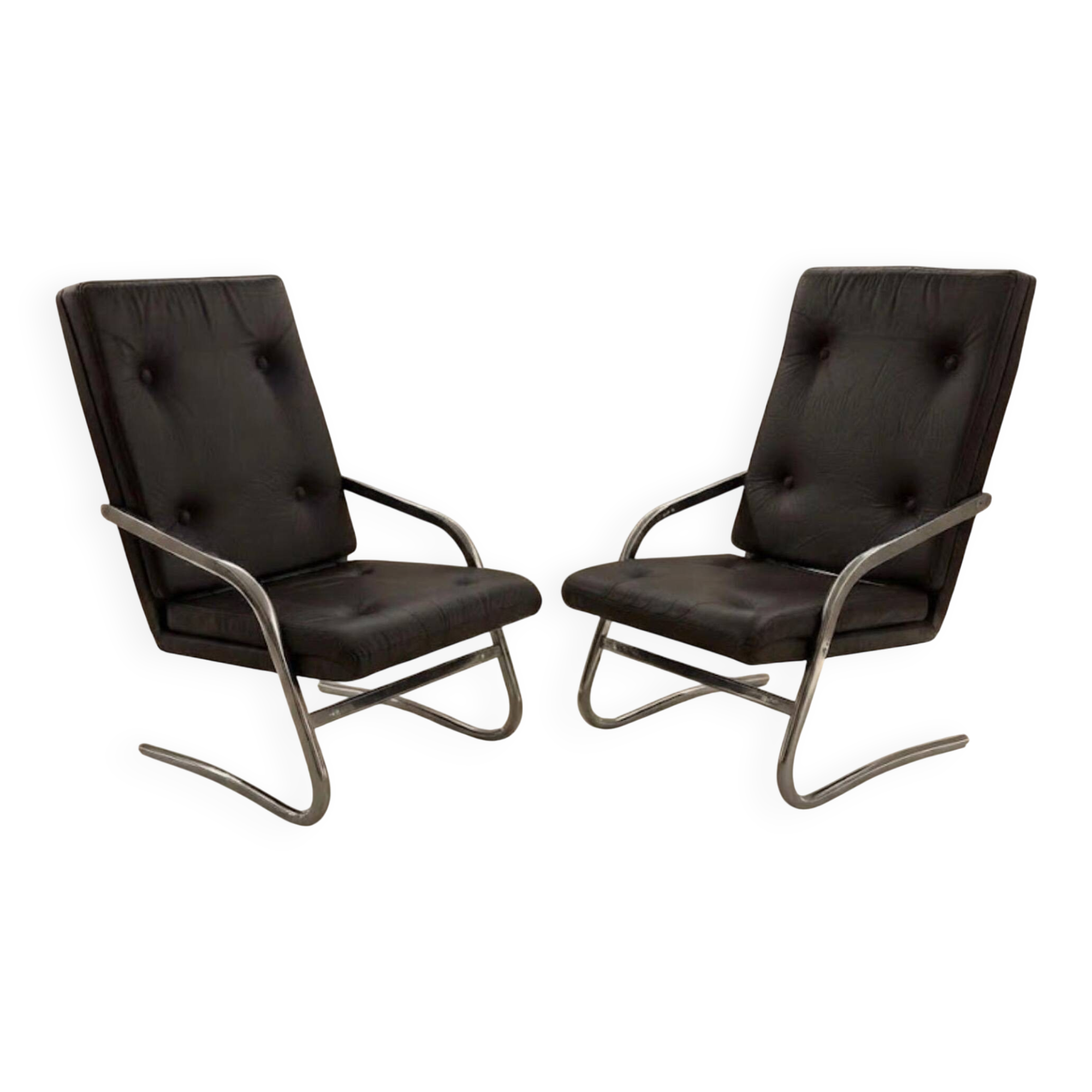2 cantilever chairs with tubular chrome structure by Pierson of Fra