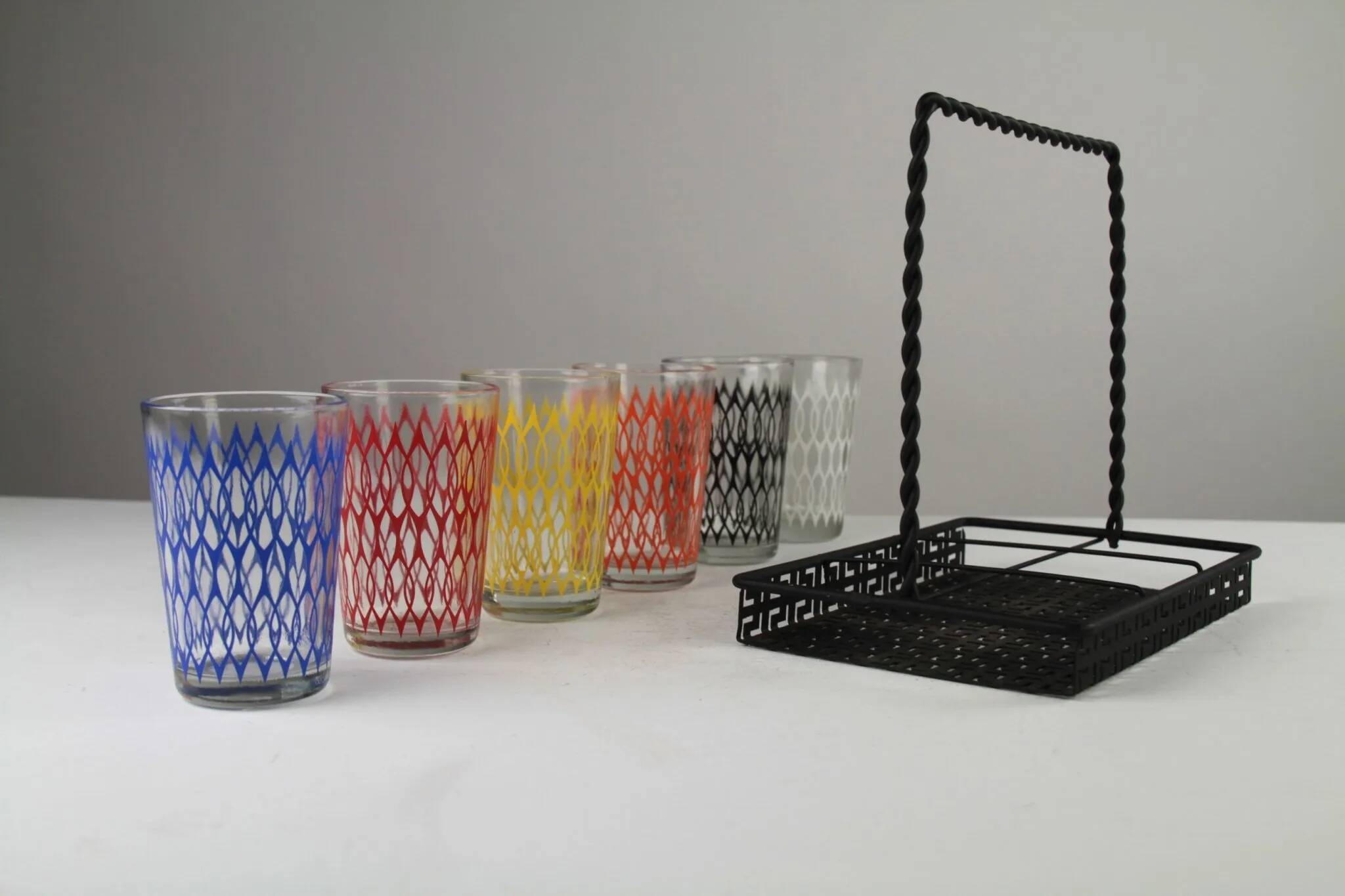 Set of 6 Vintage Lemonade Glasses in Black Metal Carrier — Made in Holland, 1960s/1970s