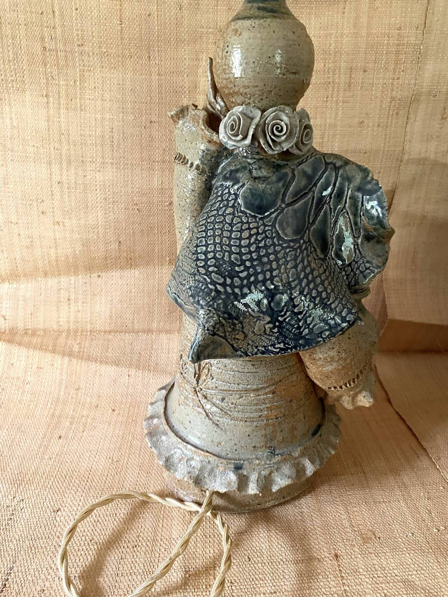 Lampe grès, câble tissu 2 M, abat-jour cordes  1960