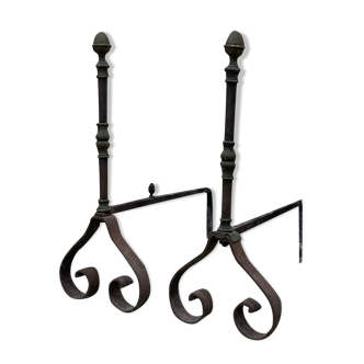 Pair of wrought iron chenets and brass head - XIXth