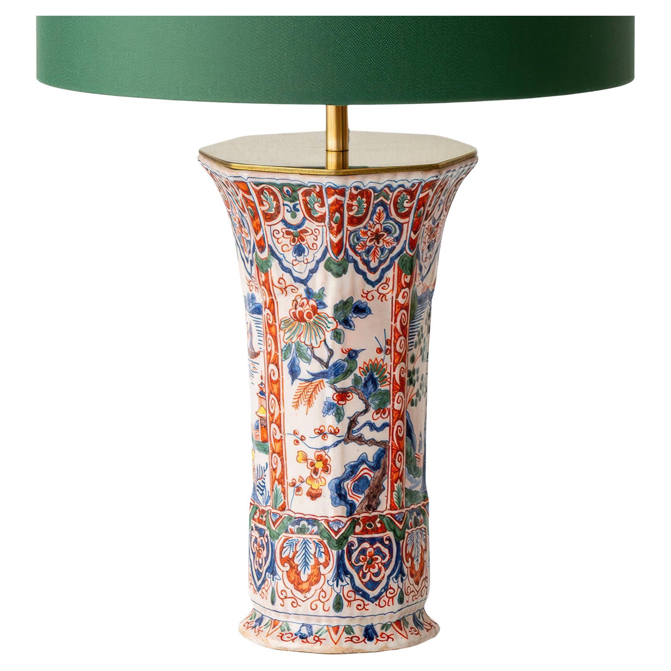 Chinese-style table lamp, French earthenware ceramic in Delft style, 1900s.