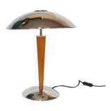 Large double bulb liner lamp, chrome and wood, 1980
