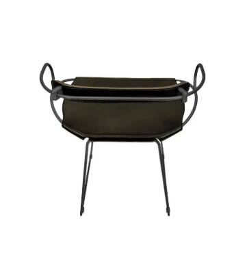 Bar stool with backrest, black smoked steel and dark brown saddle leather.