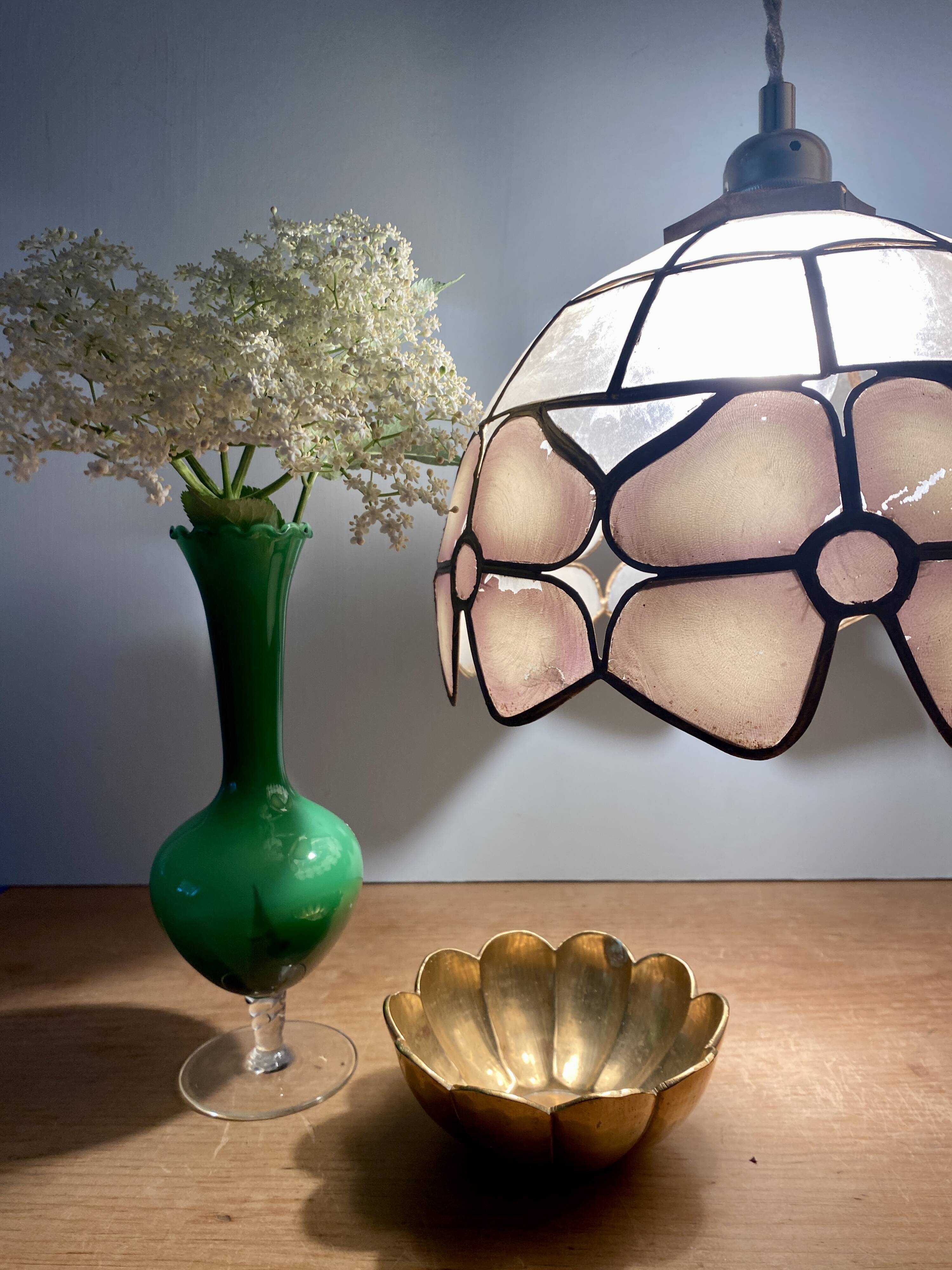 Vintage mother-of-pearl and brass lampshade pendant light