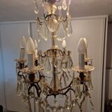 Brass chandelier with glass shaft, crystal tassel plates and daggers - 6 lights