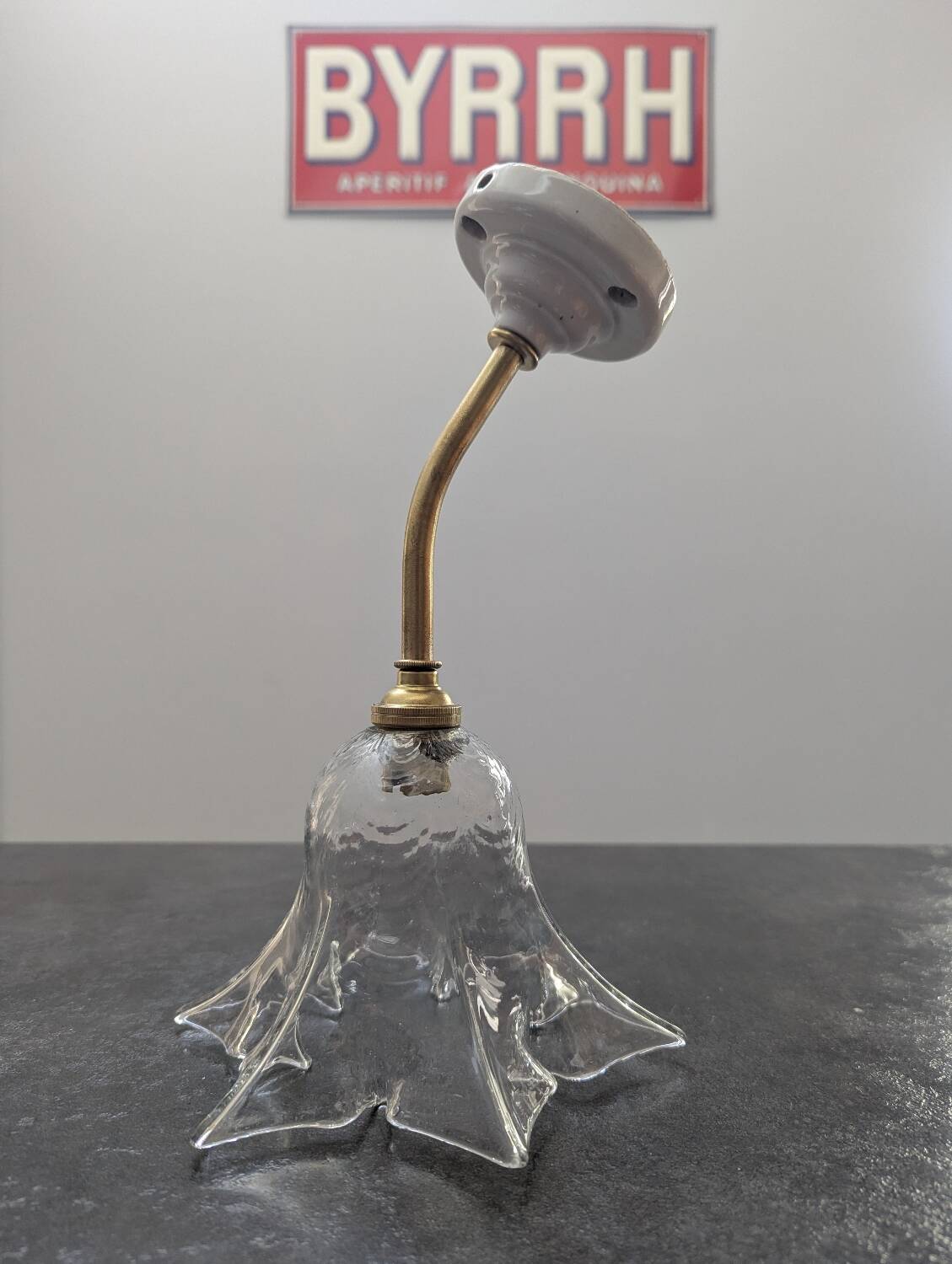 Antique swan neck wall lamp with brass and porcelain tulip lampshade