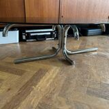 70s design oval coffee table in smoked black glass with chrome legs.