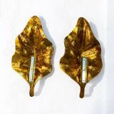 Large Pair of Murano Gilded Glass Leaf Wall Lights - Italy Circa 1980 H 67 cm