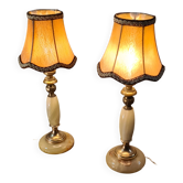 pair of green and brass onix lamps 1970, elec ok 35x14