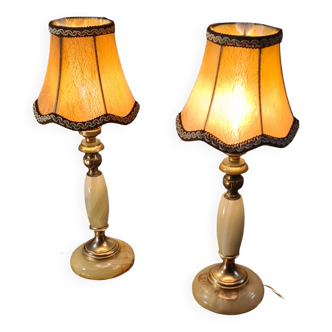 pair of green and brass onix lamps 1970, elec ok 35x14