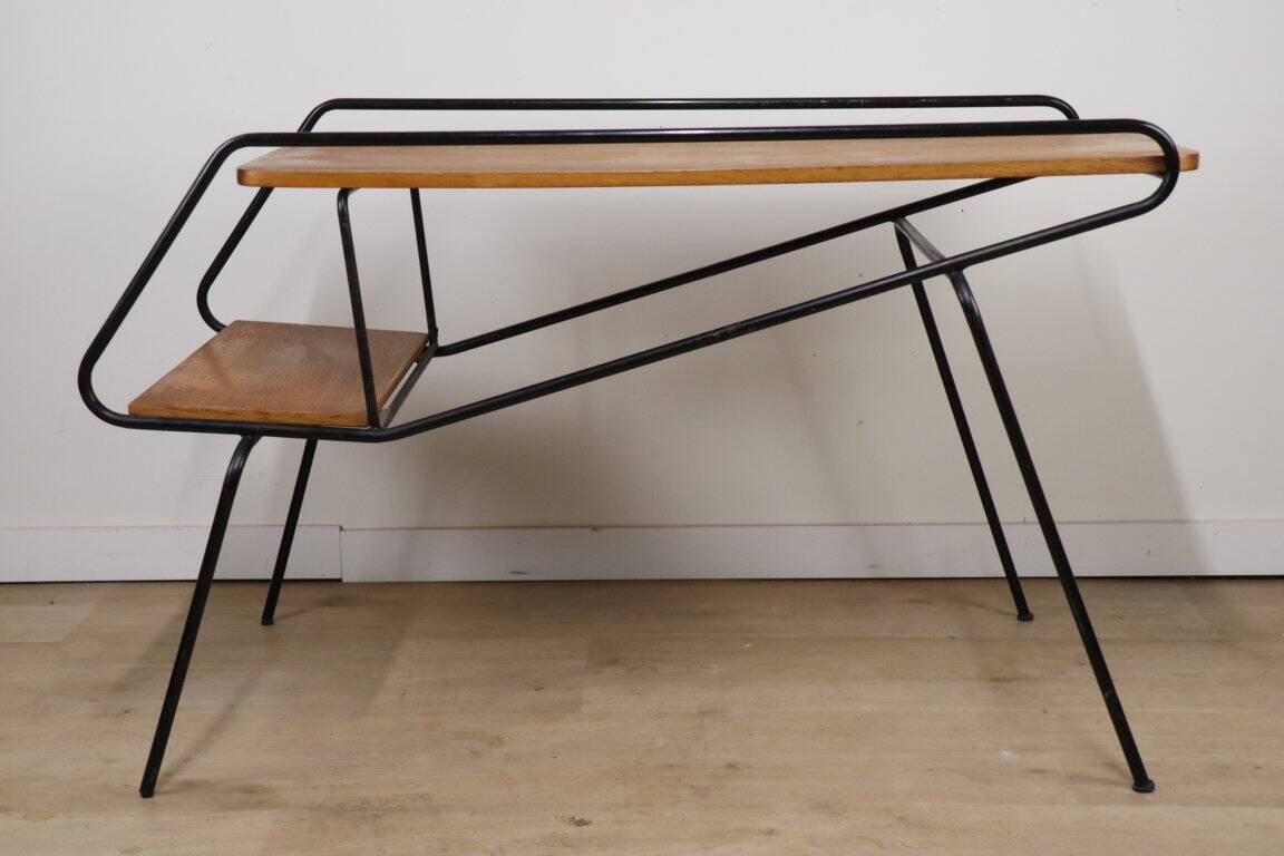 Vintage side coffee table in black lacquered metal and oak, 1950