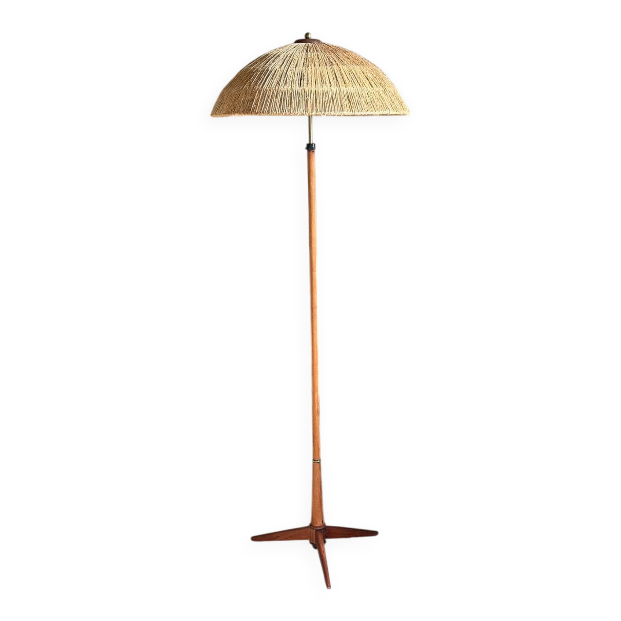 Scandinavian tripod reading lamp in teak and brass.