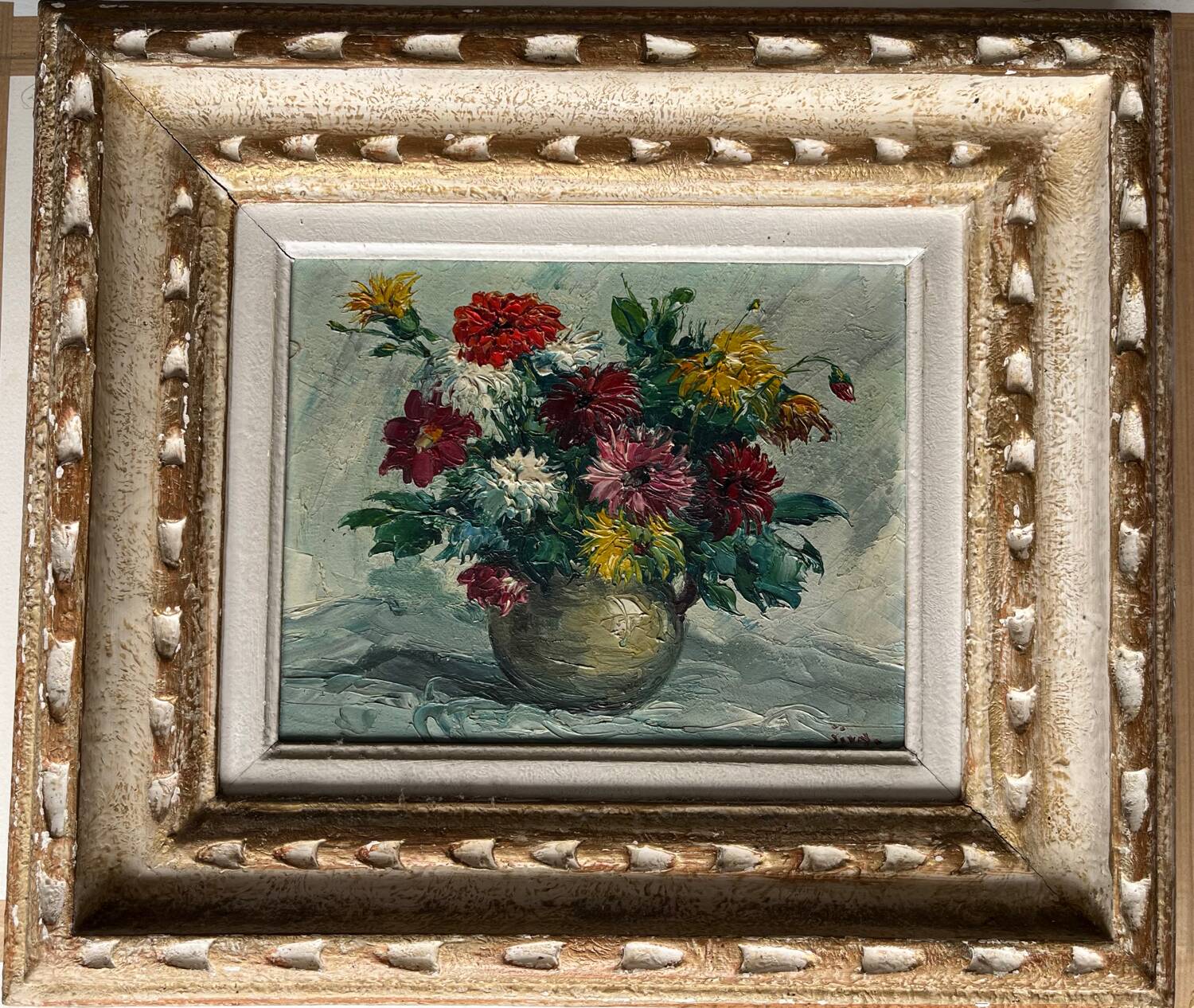 Tableau: oil on canvas - still life with a bouquet of dahlias