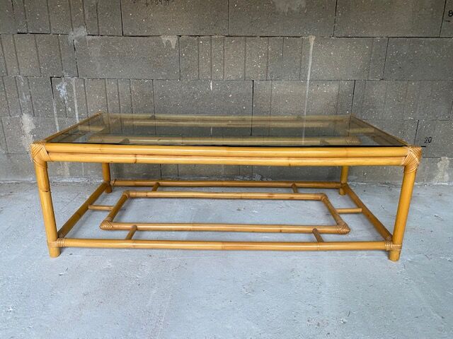 Rattan coffee table vintage glass top 1970
