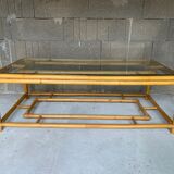 Rattan coffee table vintage glass top 1970
