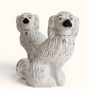 Pair of King Charles Spaniel dogs in Staffordshire majolica style.